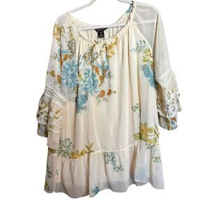 Multiples Tunic Top Womens XL Multicolor Floral Tiered Lagenlook Sheer Blouse